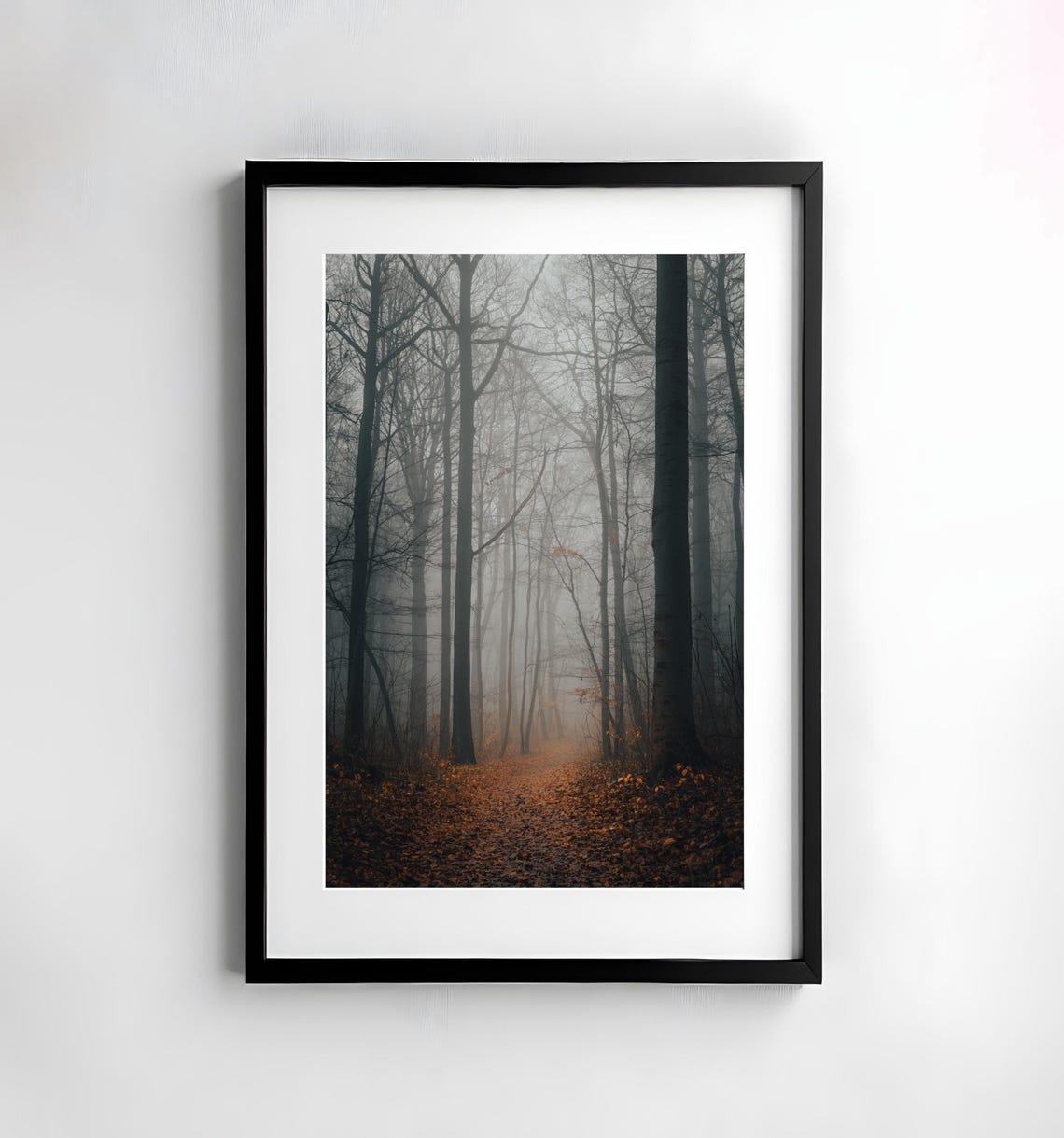 Misty Autumn Forest Path Carpeted with Falling Leaves Poster