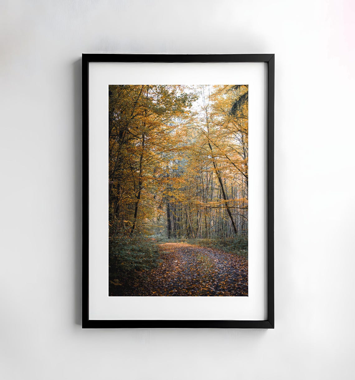 Serene Golden Autumn Forest Path Leaf Covered Road Fall Poster