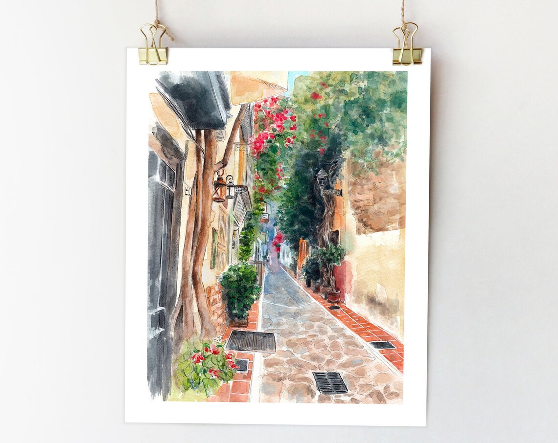 Marbella Spain Travel Poster, Watercolor Sketch