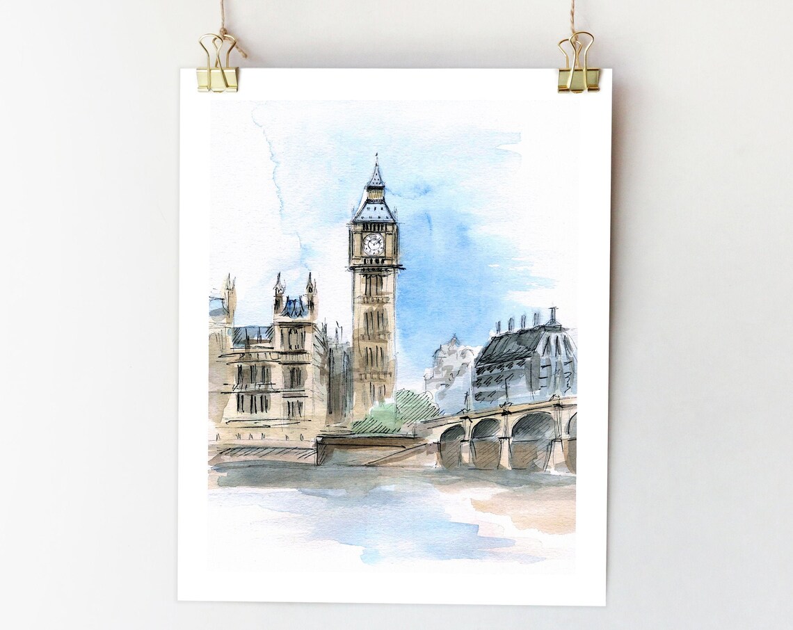 Big Ben Watercolor City Sketch Art Print, London