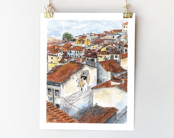 Lisbon Portugal Watercolor Art Print, Alfama City View