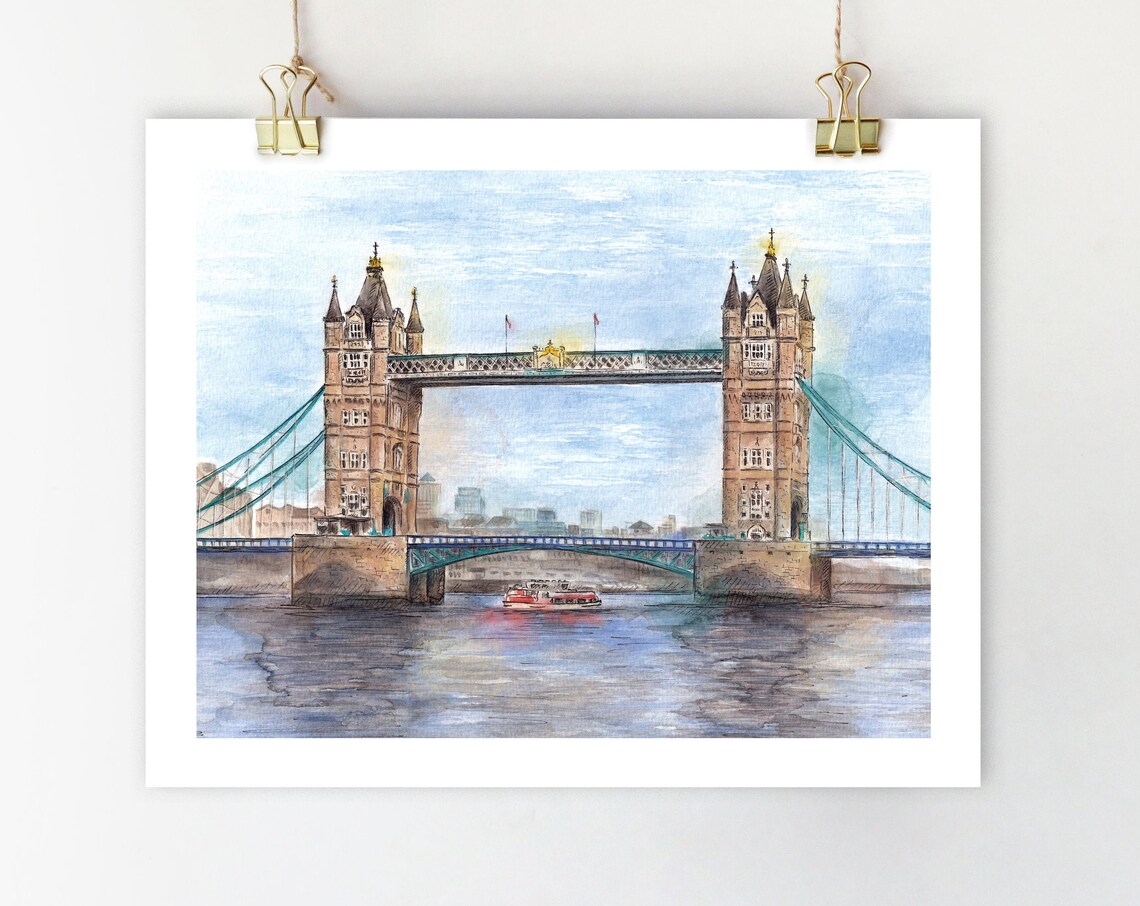 London Tower Bridge Watercolor Travel Poster