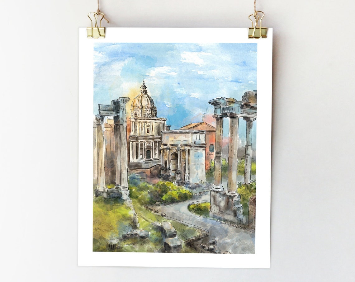 Roman Forum Watercolor Print, Rome Architecture Art