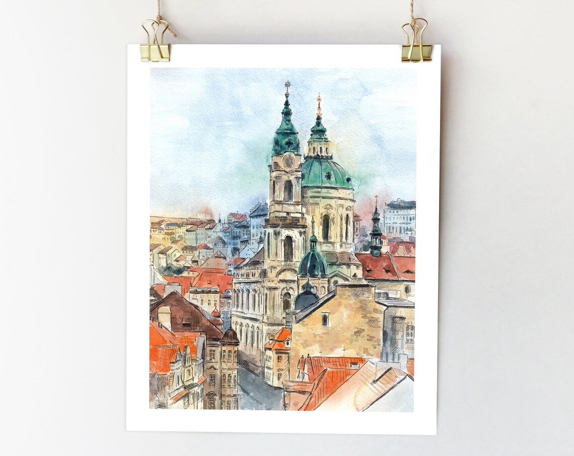 Prague Watercolour Sketch Art Print, St Nicholas Church