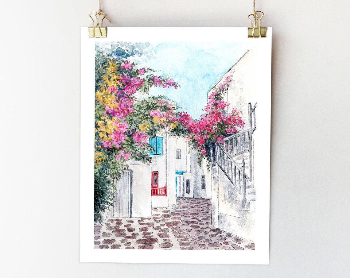 Mykonos Greece Watercolor City Sketch Art Print