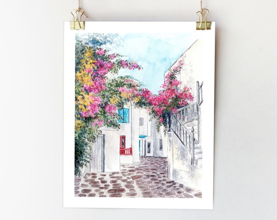 Mykonos Greece Watercolor City Sketch Art Print