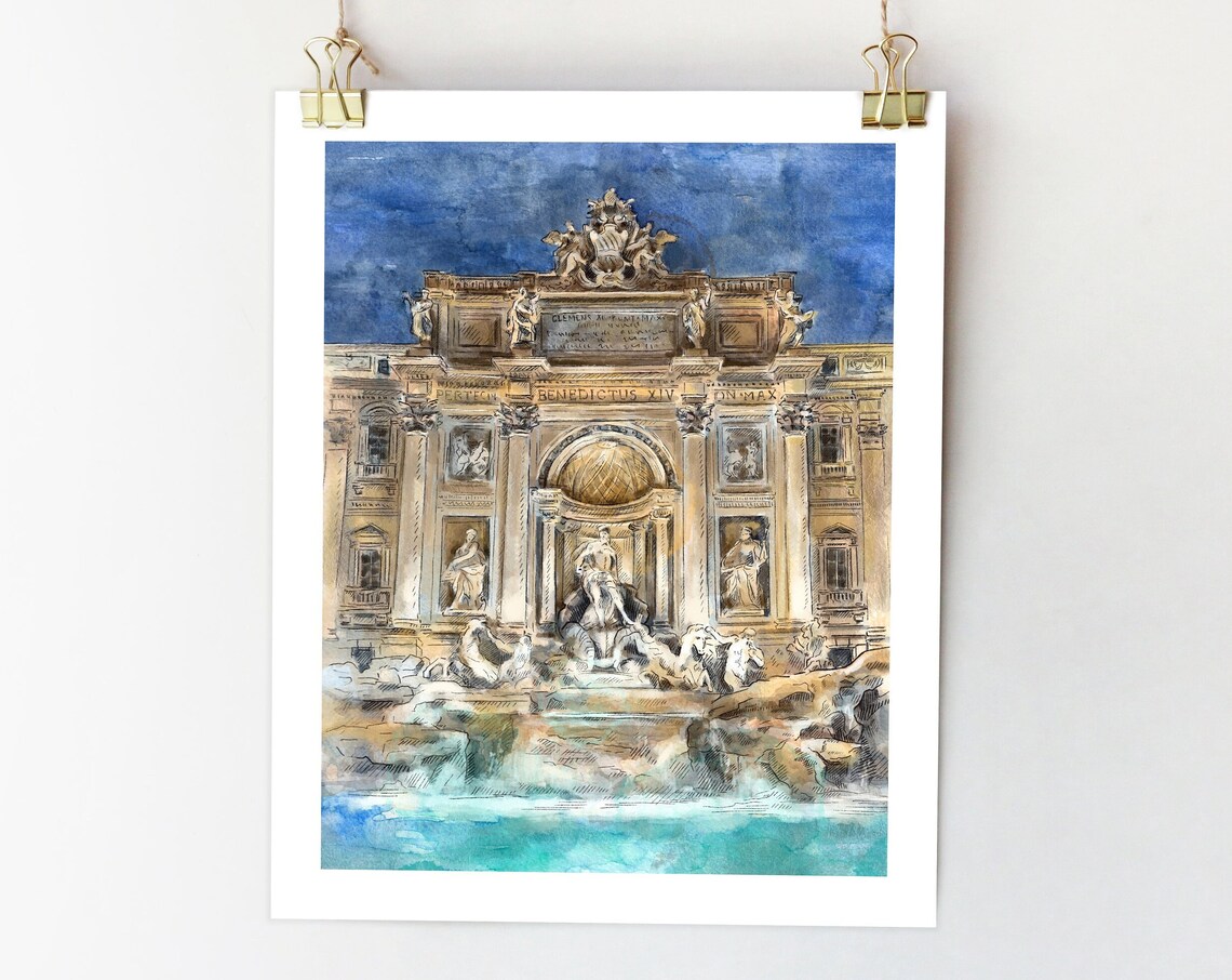Trevi Fountain Night Watercolor Sketch Art Print