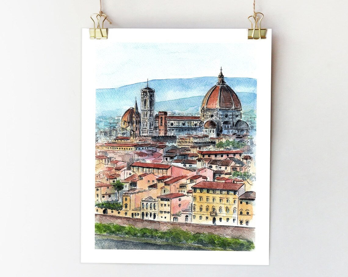 Florence Watercolor Art Print, Tuscany Cathedral