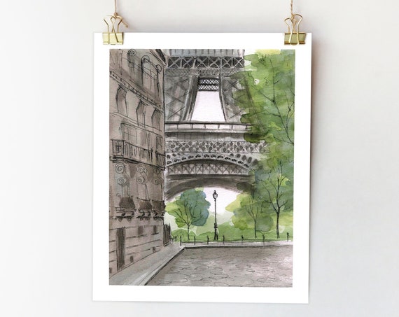 Eiffel Tower Watercolor Print, Paris Travel Art