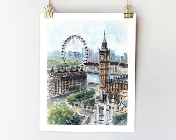 London Watercolor Art Print, Big Ben Sketch