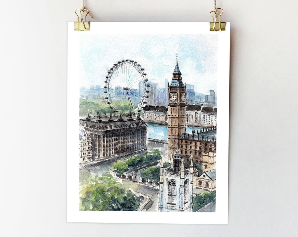 London Watercolor Art Print, Big Ben Sketch