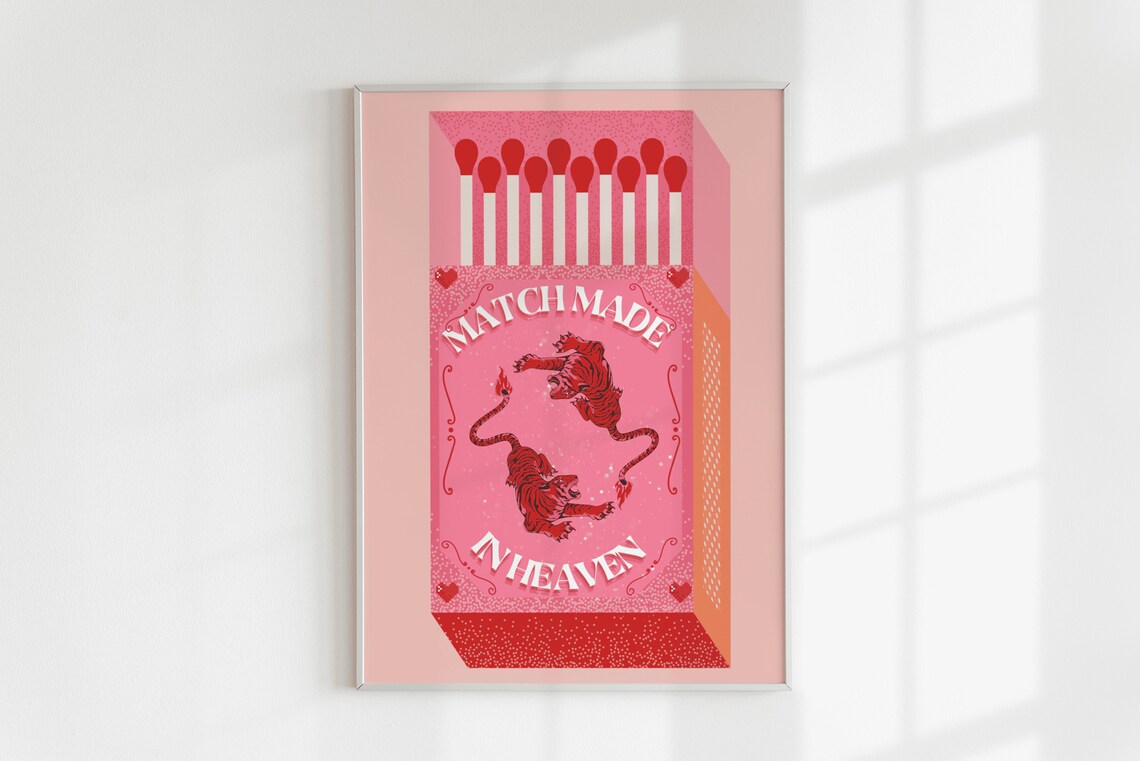 Retro Tiger Matchbox Print Pink Vintage Art