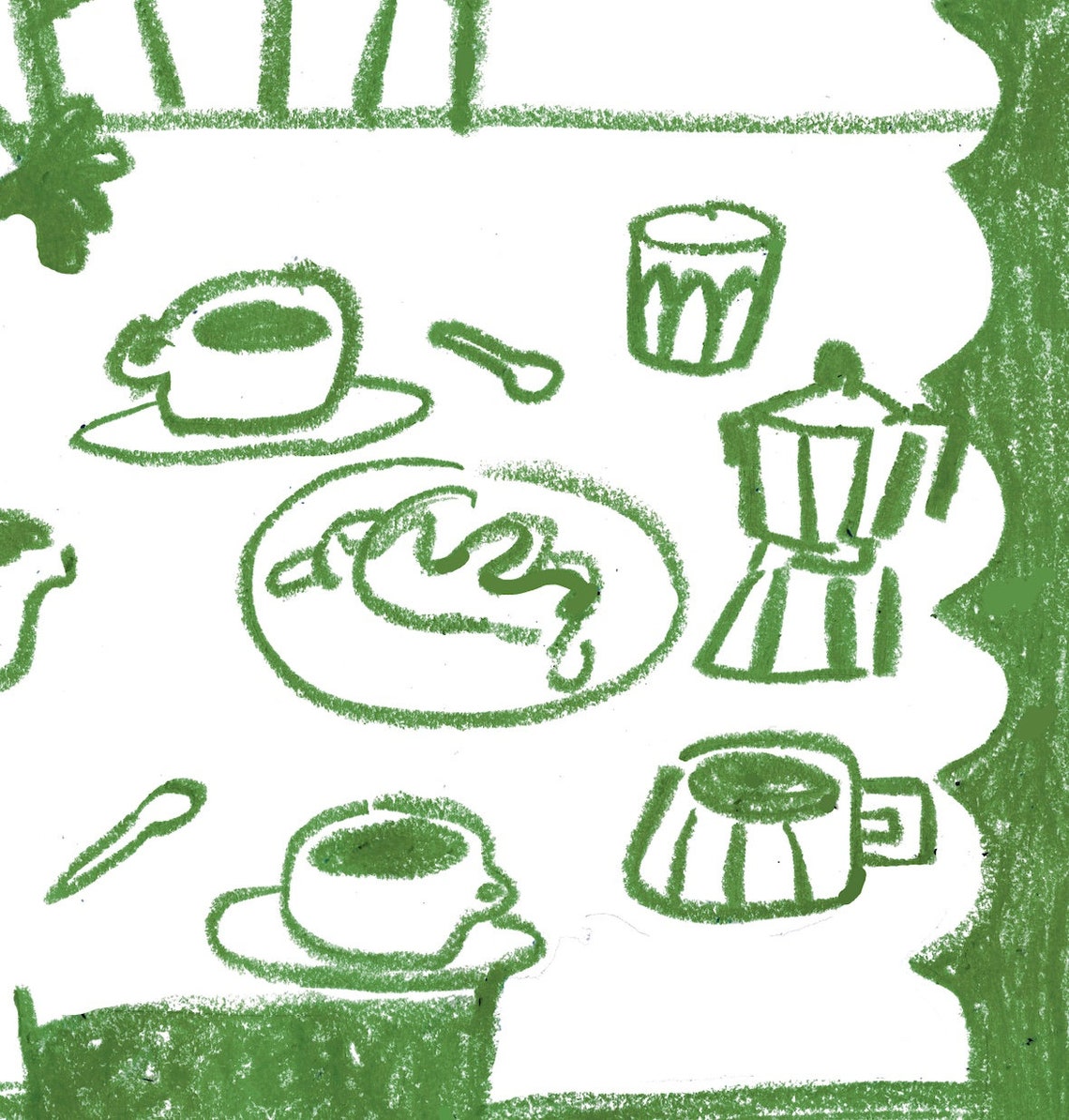 Breakfast Table Moka Pot Croissant Green Magenta Kitchen Art Prints - Image 2