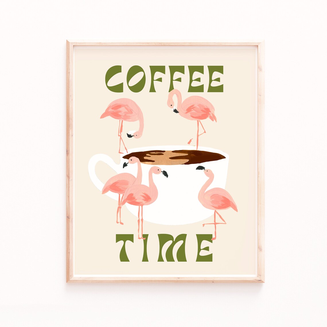 Flamingos and Coffee Retro Art Print, Kitchen Wall