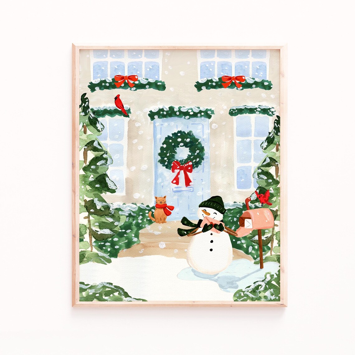 Winter Snowman Watercolor Art Print, Holiday Decor