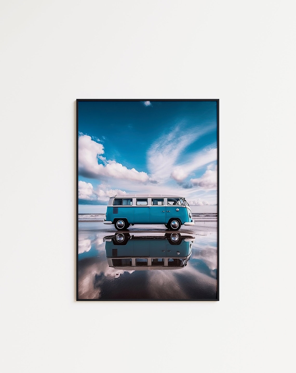 Turquoise VW Bus on Wet Sand Beach Reflection Cloudy Sky Photo Poster - Image 3