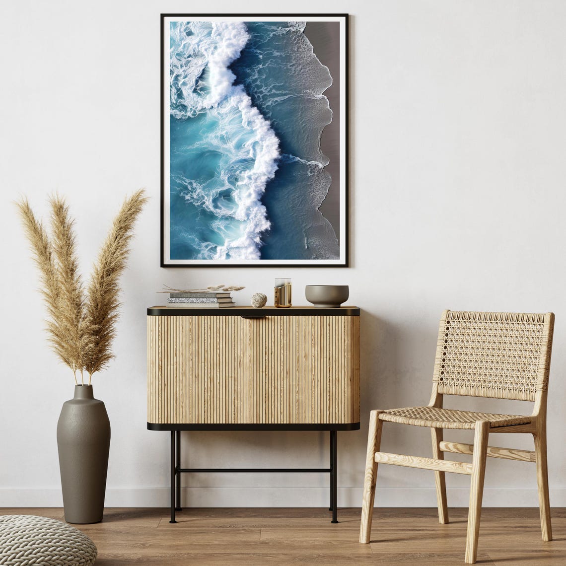 Aerial Ocean Wave Crashing Over Sandy Beach Coastal Blue Wall Poster - Image 4