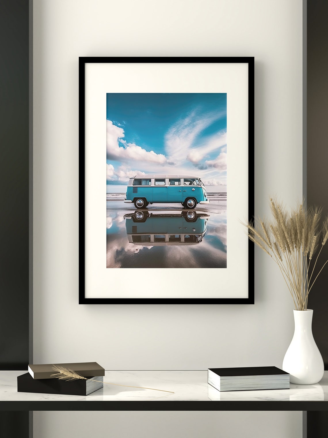 Turquoise VW Bus on Wet Sand Beach Reflection Cloudy Sky Photo Poster - Image 5