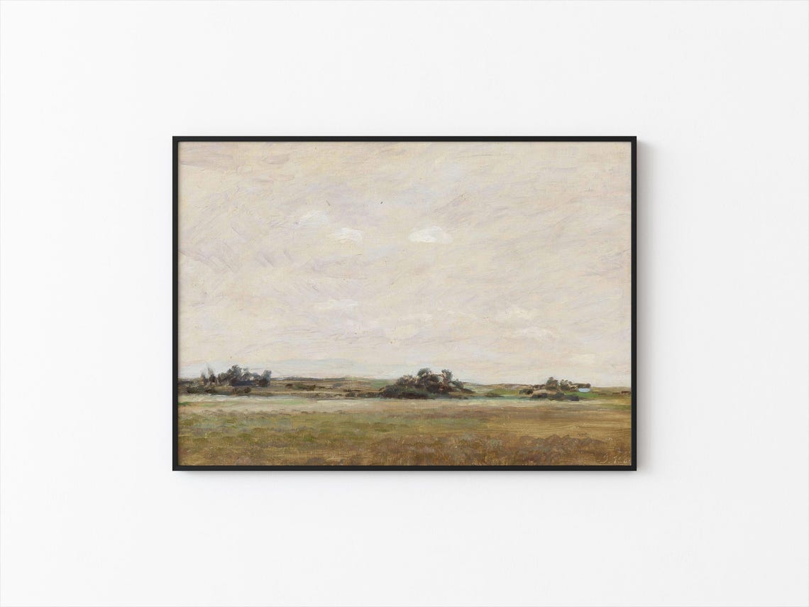 Antique Open Field Landscape Big Pale Sky Vintage Oil Art Poster - Image 2