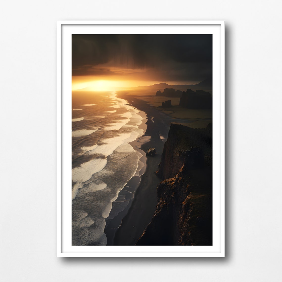Black Sand Beach Aerial Golden Sunset White Foam Coastal Photo Poster - Image 5