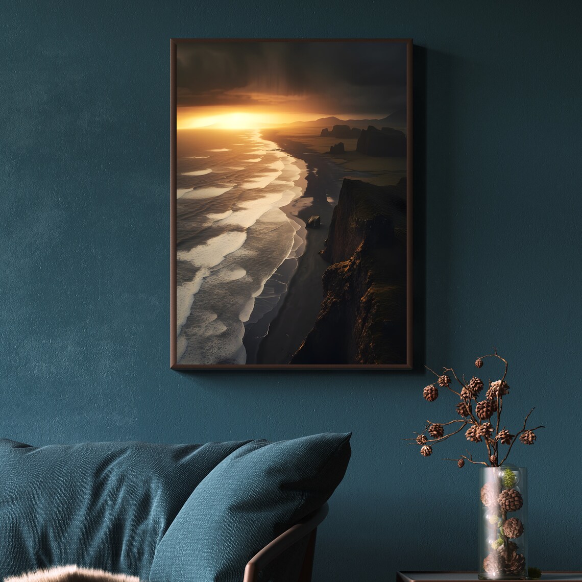 Black Sand Beach Aerial Golden Sunset White Foam Coastal Photo Poster - Image 3