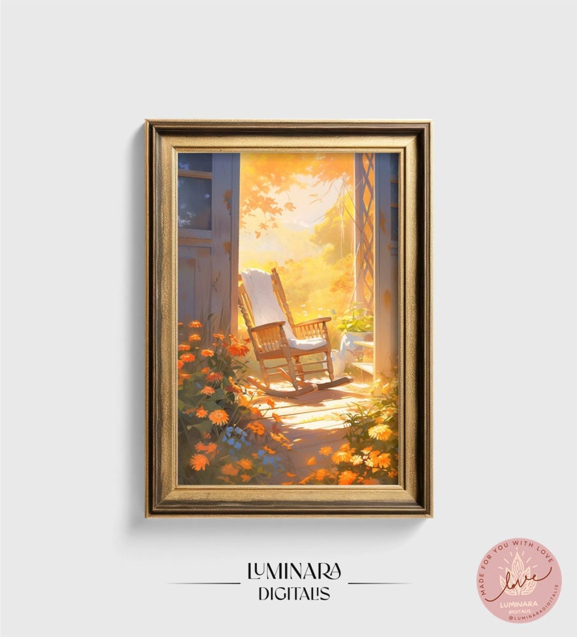 Sunlit Porch Rocking Chair Among Orange Autumn Blooms Art Print