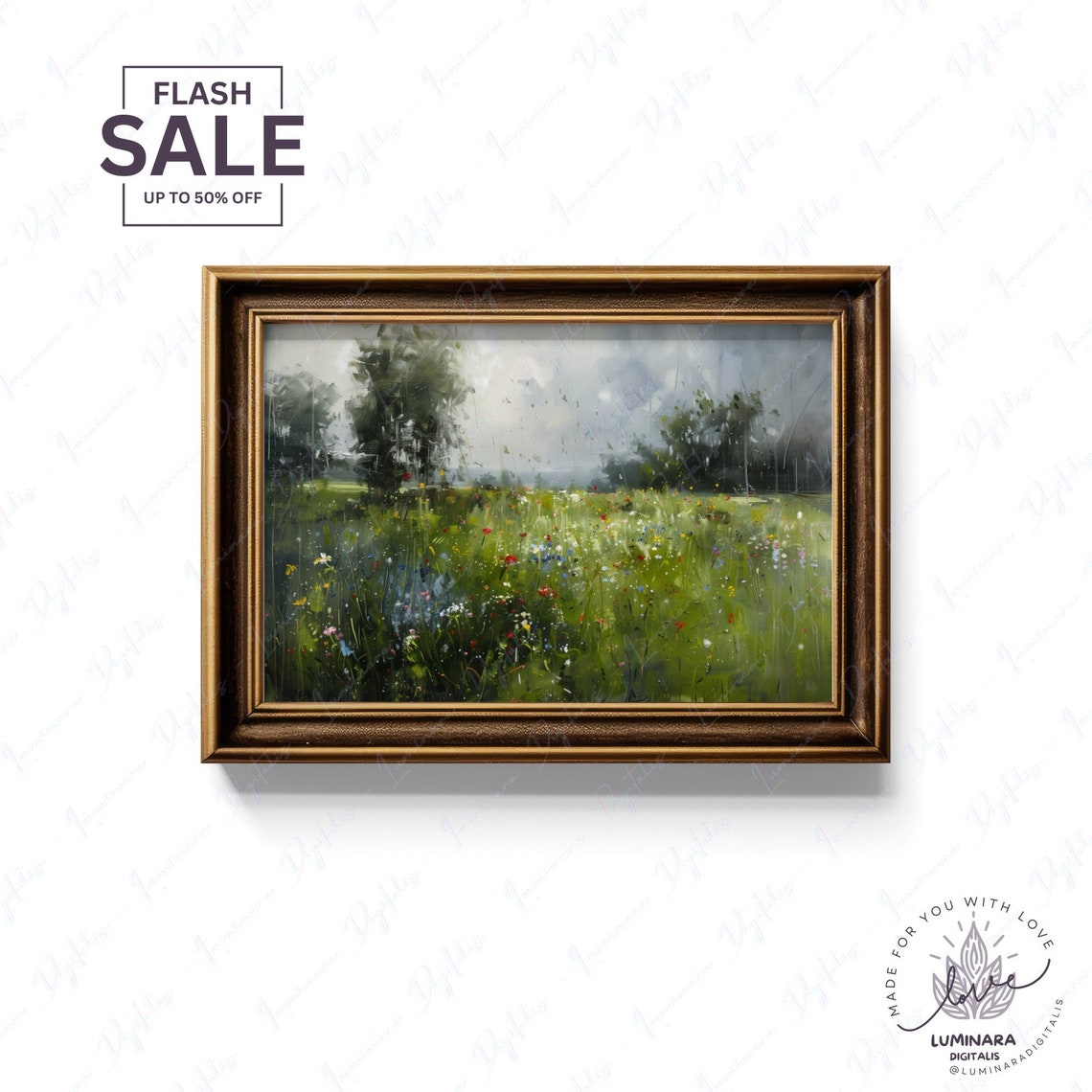 Rainy Meadow Wildflowers Under Misty Gray Skies Impressionist Poster - Image 2