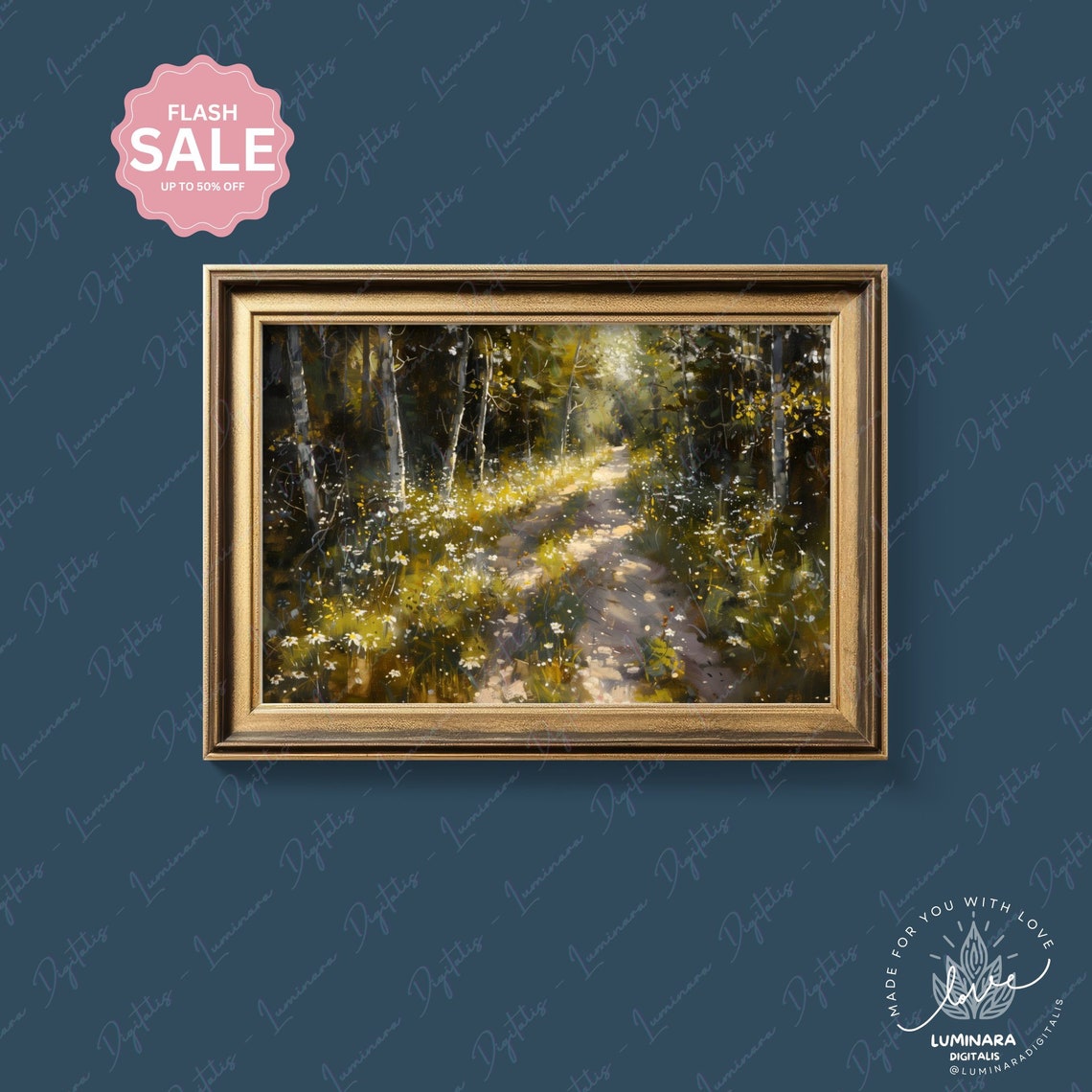 Sunlit Forest Path With Wildflowers Pointillism Nature Art Poster - Image 4
