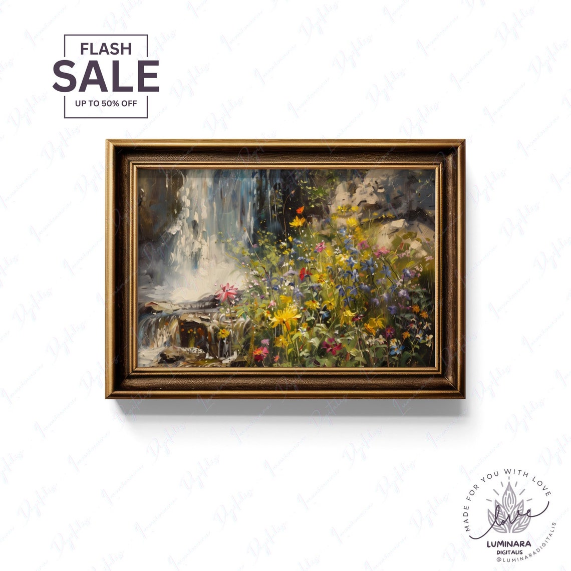 Waterfall Framed By Yellow And Blue Meadow Wildflowers Art Poster - Image 2
