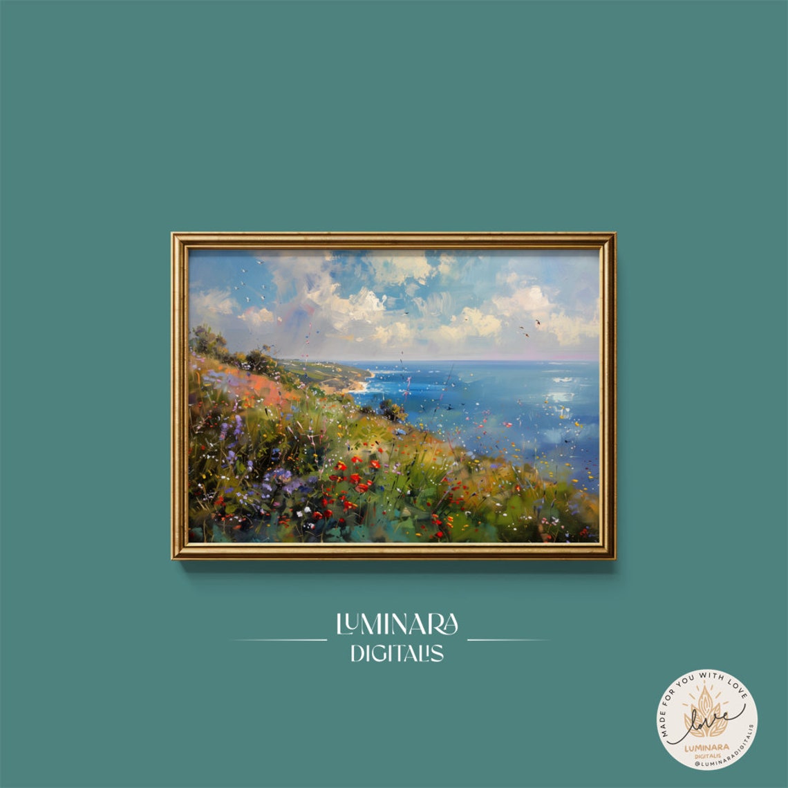 Wildflower Hillside Sloping Down To A Sparkling Blue Sea Art Print