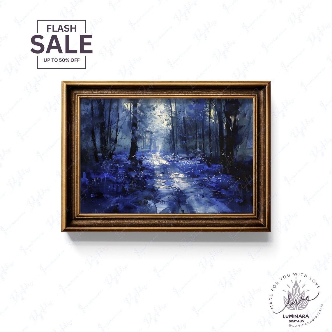 Moonlit Forest Path Glowing Through Blue Night Trees Art Print - Image 2