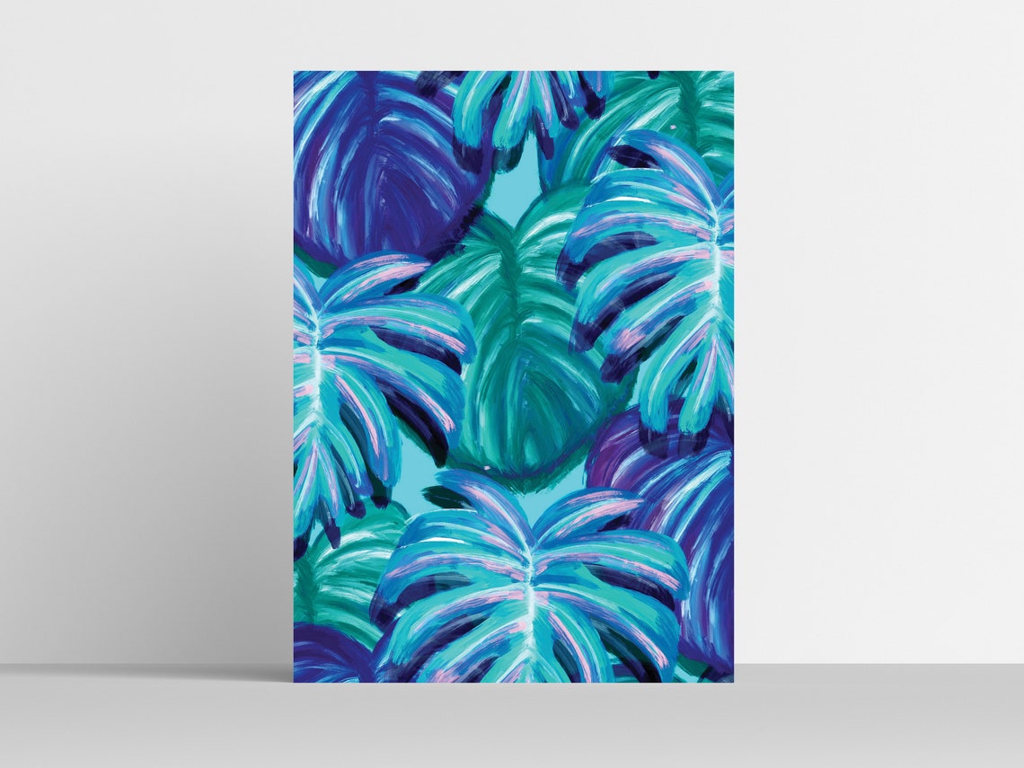 Blue Monstera Leaves Tropical Botanical Abstract Wall Art Decor - Image 2