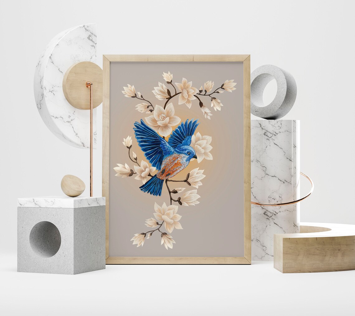 Vivid Blue Songbird Among White Magnolia Blossoms Spring Art Poster - Image 4