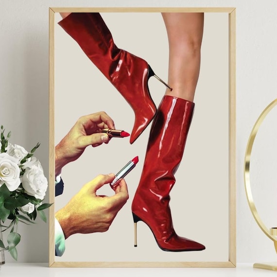 Retro Red Stiletto Boots Lipstick Vintage Fashion Collage Poster