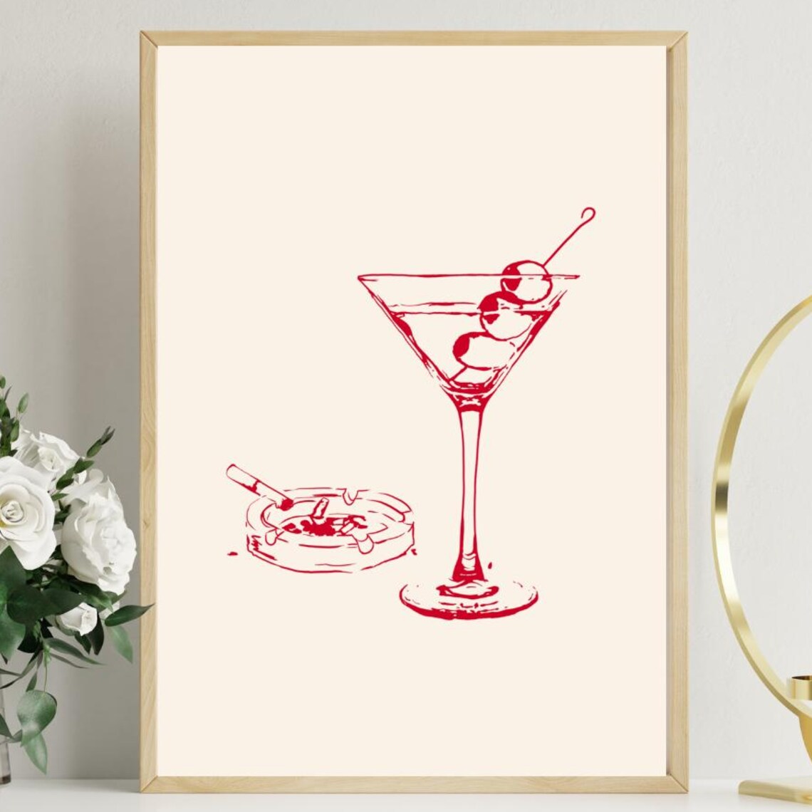 Red Line Art Martini Glass Retro Cocktail Illustration Poster