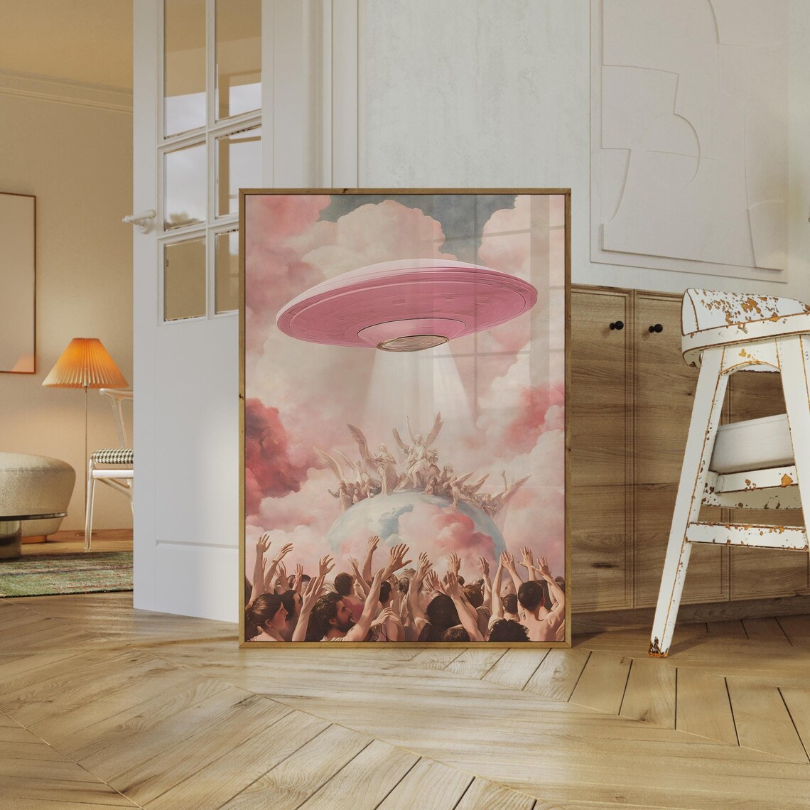 Dreamy Pink UFO Angels Crowd Surreal Classical Painting Poster