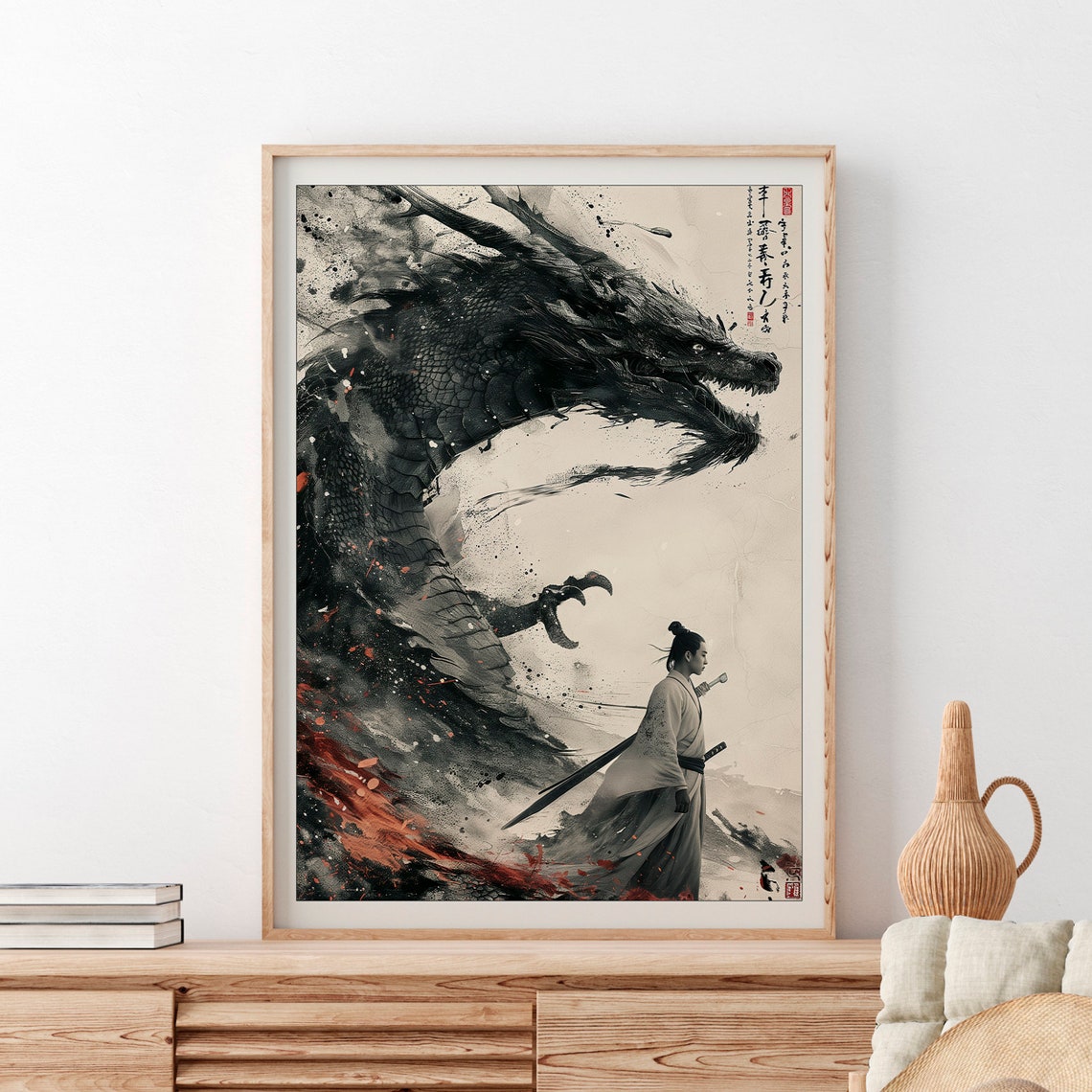 Black Ink Dragon Samurai Warrior Epic Japanese Sumi E Art Poster - Image 2