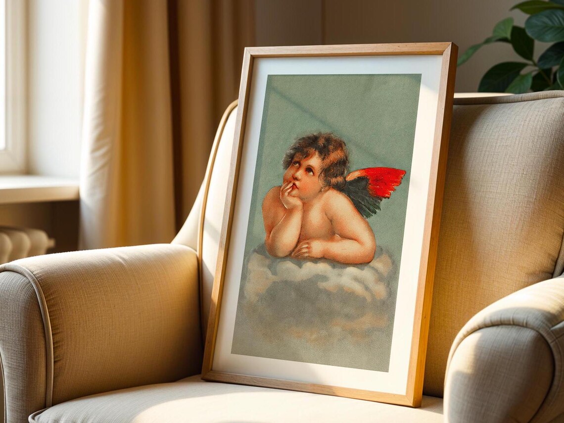 Cherub Angel Vintage Classic Painting Cloud Muted Green Poster - Image 2