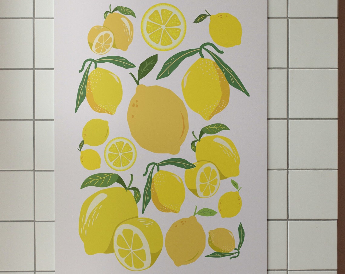 Lemons Citrus Fruit Pattern Illustrated Yellow Kitchen Wall Art