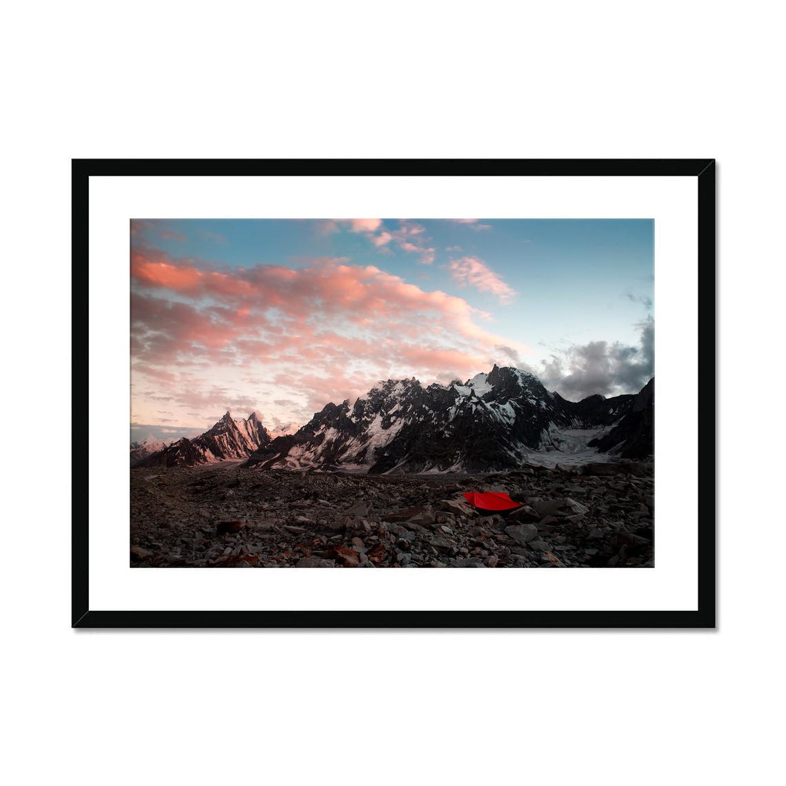 Snowy Mountain Peaks Red Tent Rocky Valley Sunset Photography Poster