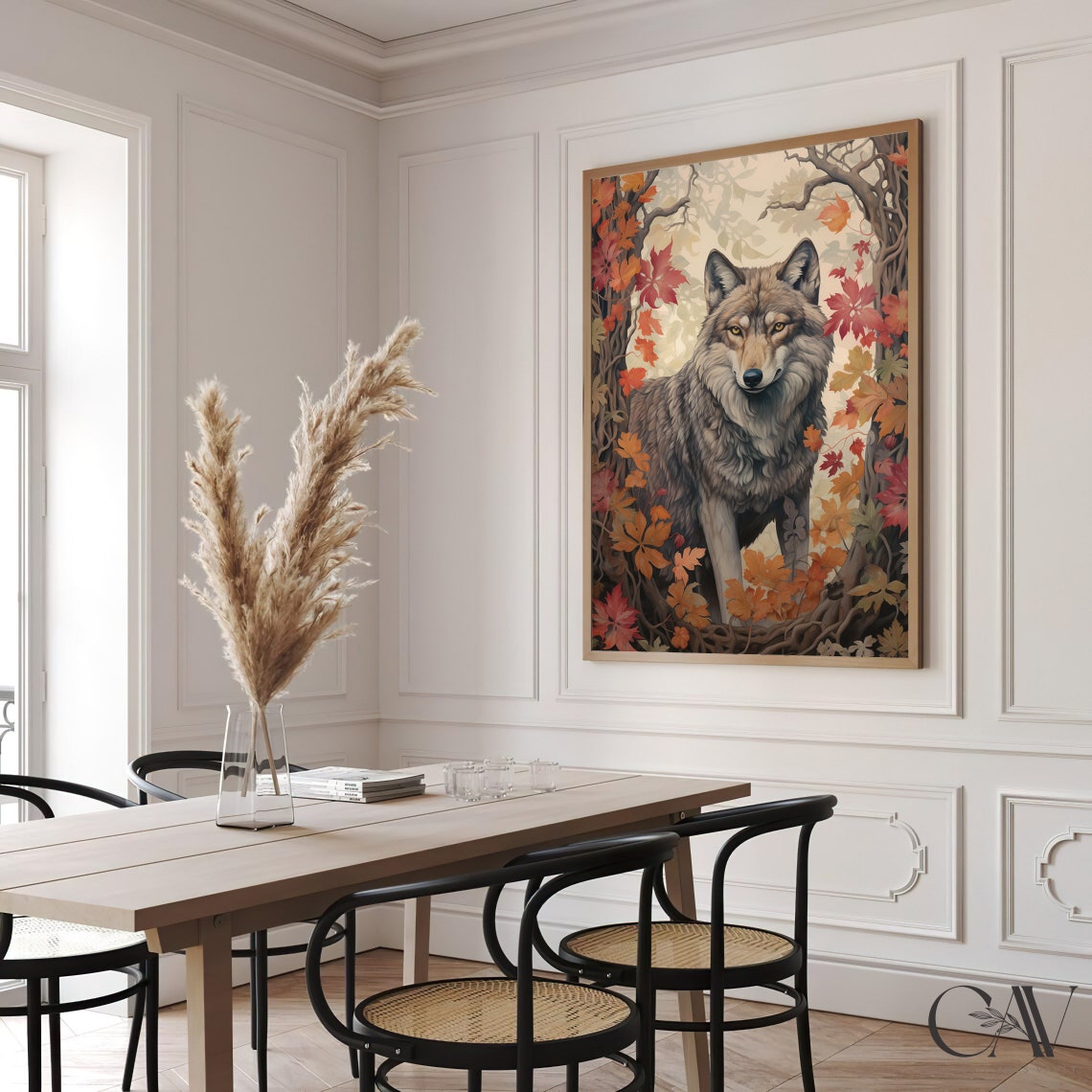 Noble Grey Wolf Standing Among Crimson Autumn Maple Leaves Poster - Image 3