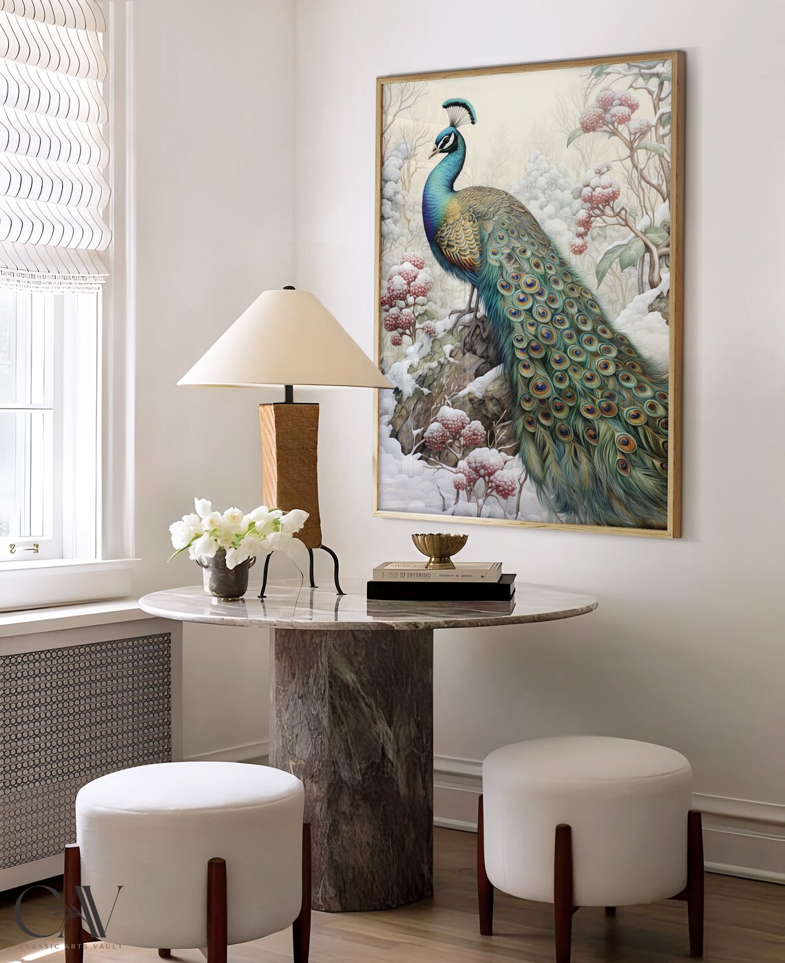 Elegant Peacock Winter Woodland Snowy Berries Floral Wall Art - Image 4