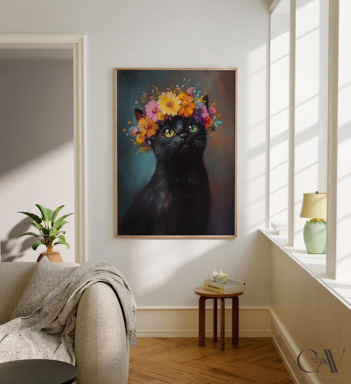 Black Cat Flower Crown Colorful Oil Painting Pet Portrait Wall Art - Image 2