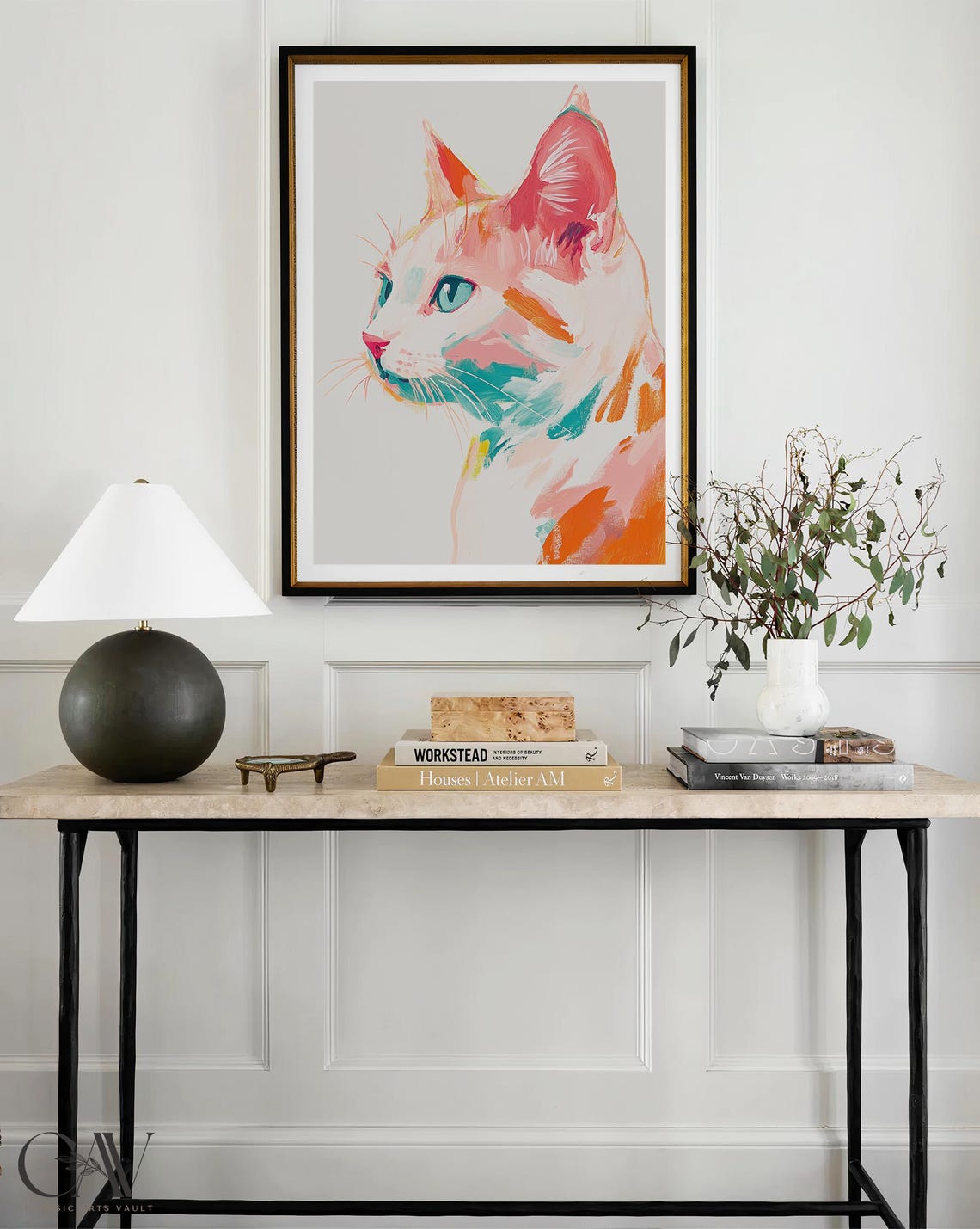 White Cat Profile Pastel Painting Modern Feline Portrait Wall Art - Image 4
