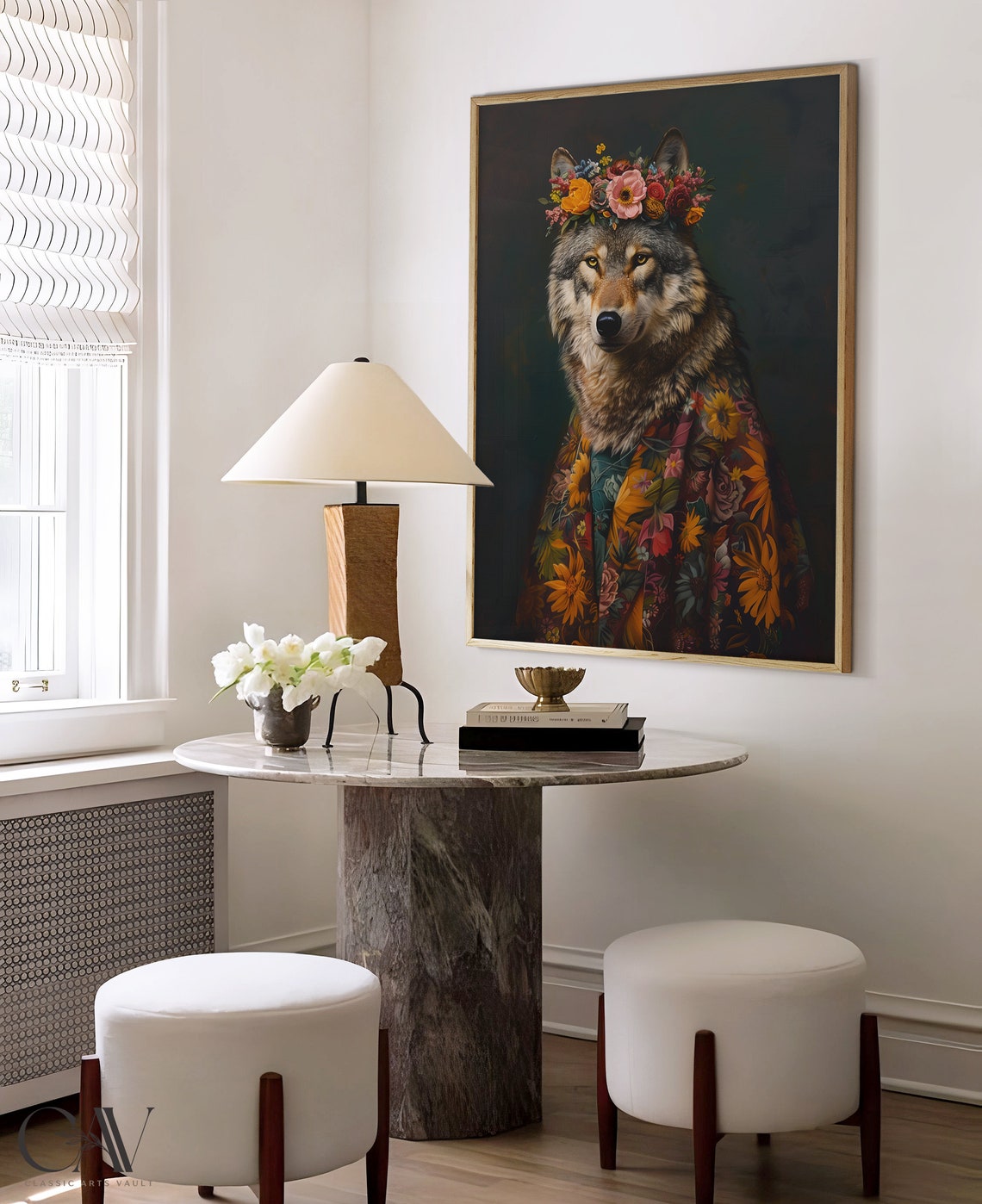 Wolf Flower Crown Maximalist Floral Robe Animal Portrait Wall Art - Image 4