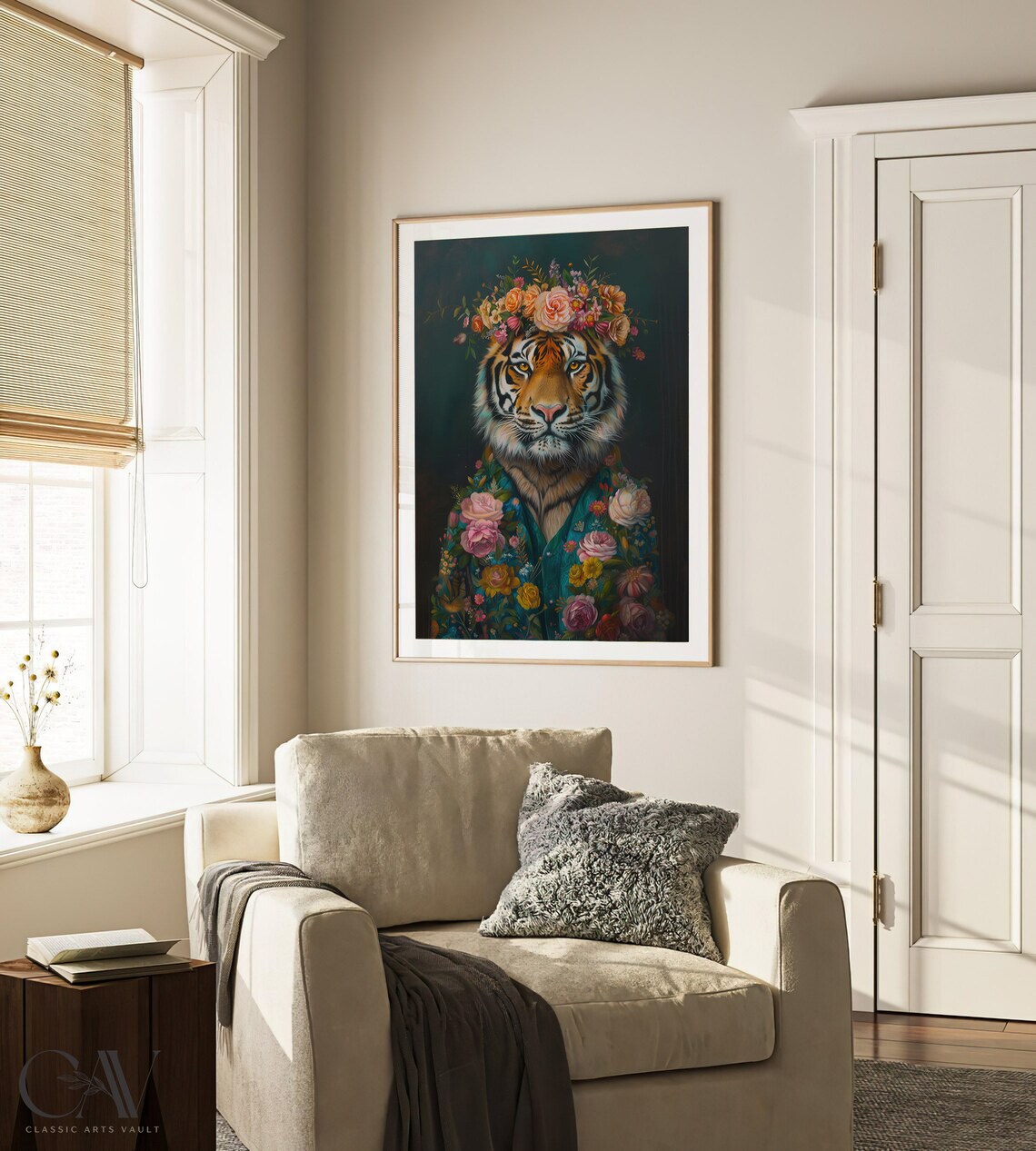 Tiger Wearing Flower Crown and Floral Robe Dark Botanical Portrait Poster - Image 3