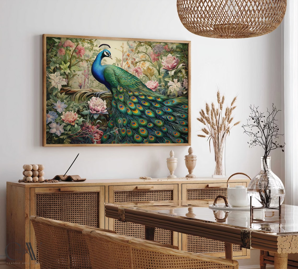 Peacock Displaying Tail In Soft Romantic Flower Garden Poster