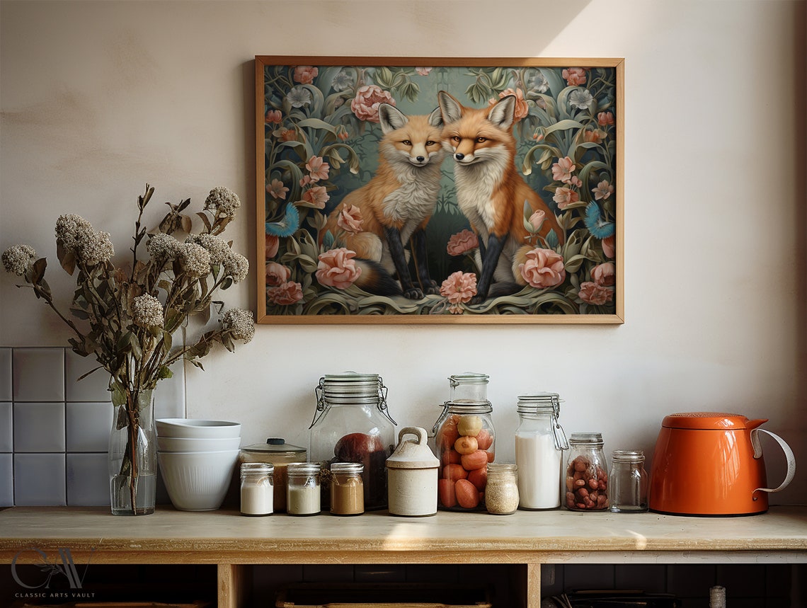 Two Red Foxes Among Peonies in Morris Style Floral Art Print - Image 4