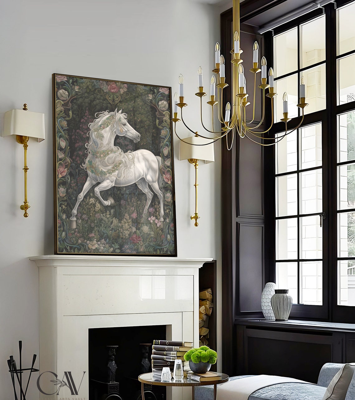 White Horse with Floral Mane Dark Millefleur Tapestry Poster - Image 3