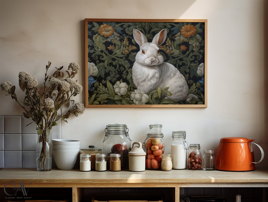 White Rabbit In Dark Botanical Garden With Orange Blooms Poster - Image 4